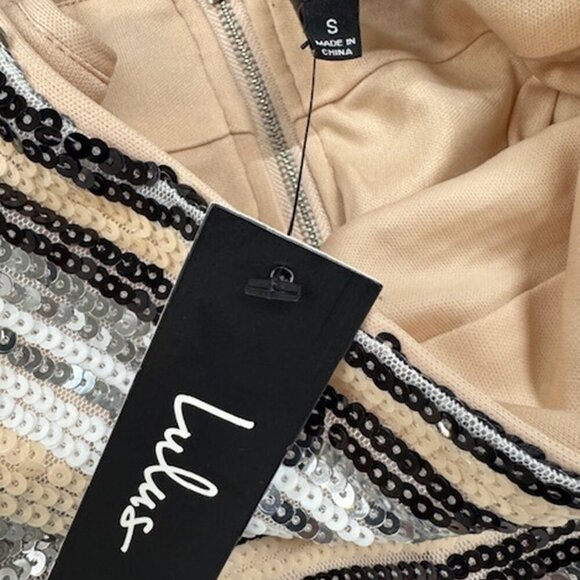 NWT Lulus Lap of Luxury Peach and Silver Striped Sequin Mini Skirt - Picture 8 of 9